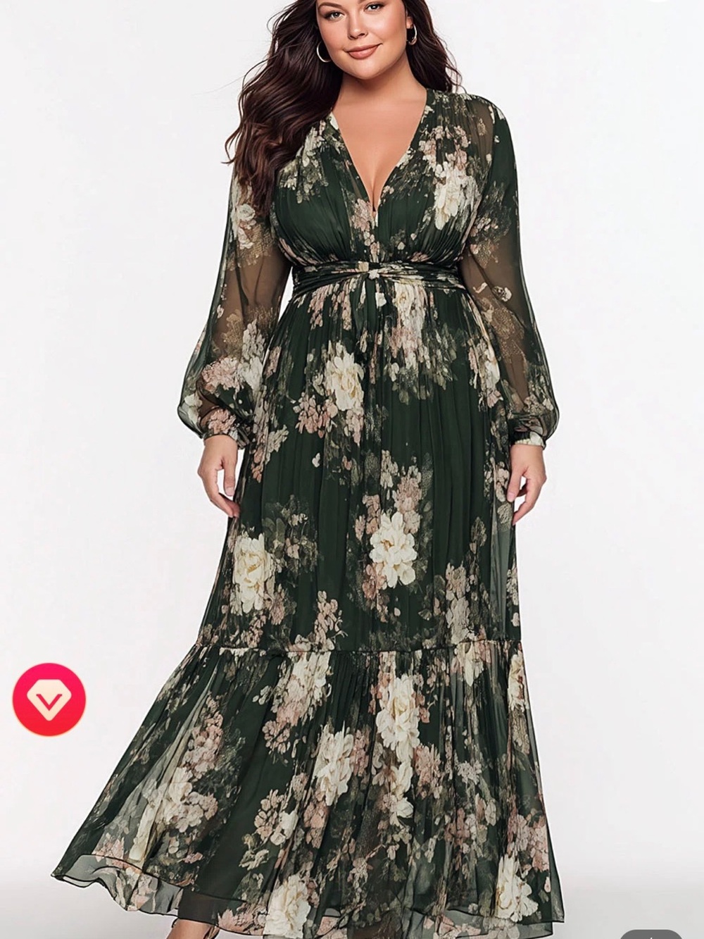 Plus-Size Floral V-Neck Maxi Dress in Dark Green